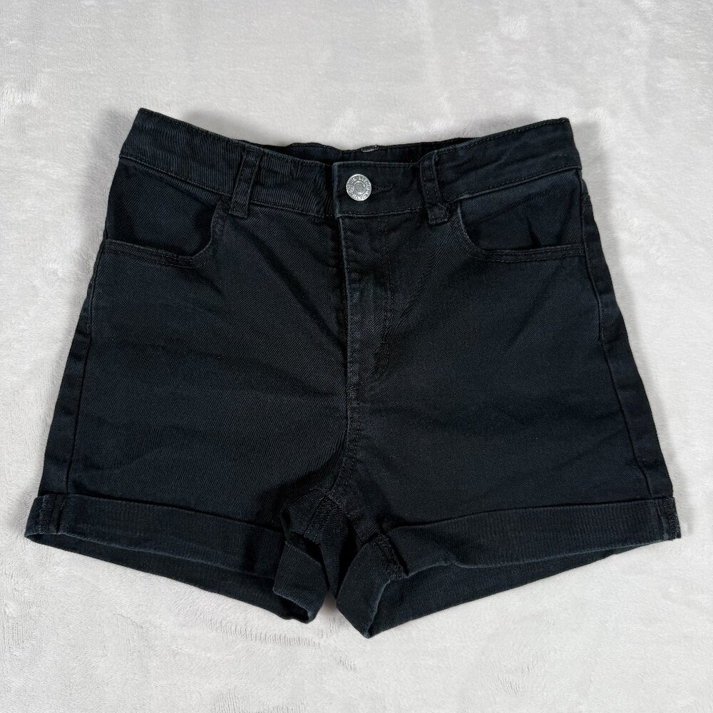 H&M Shorts Women Size 8 Black Denim High-Rise Cotton Blend Adjustable Belt GUC